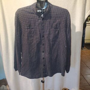 FLAX 100% Linen Button Up Top. Black and White. Size Medium. Mock Collar